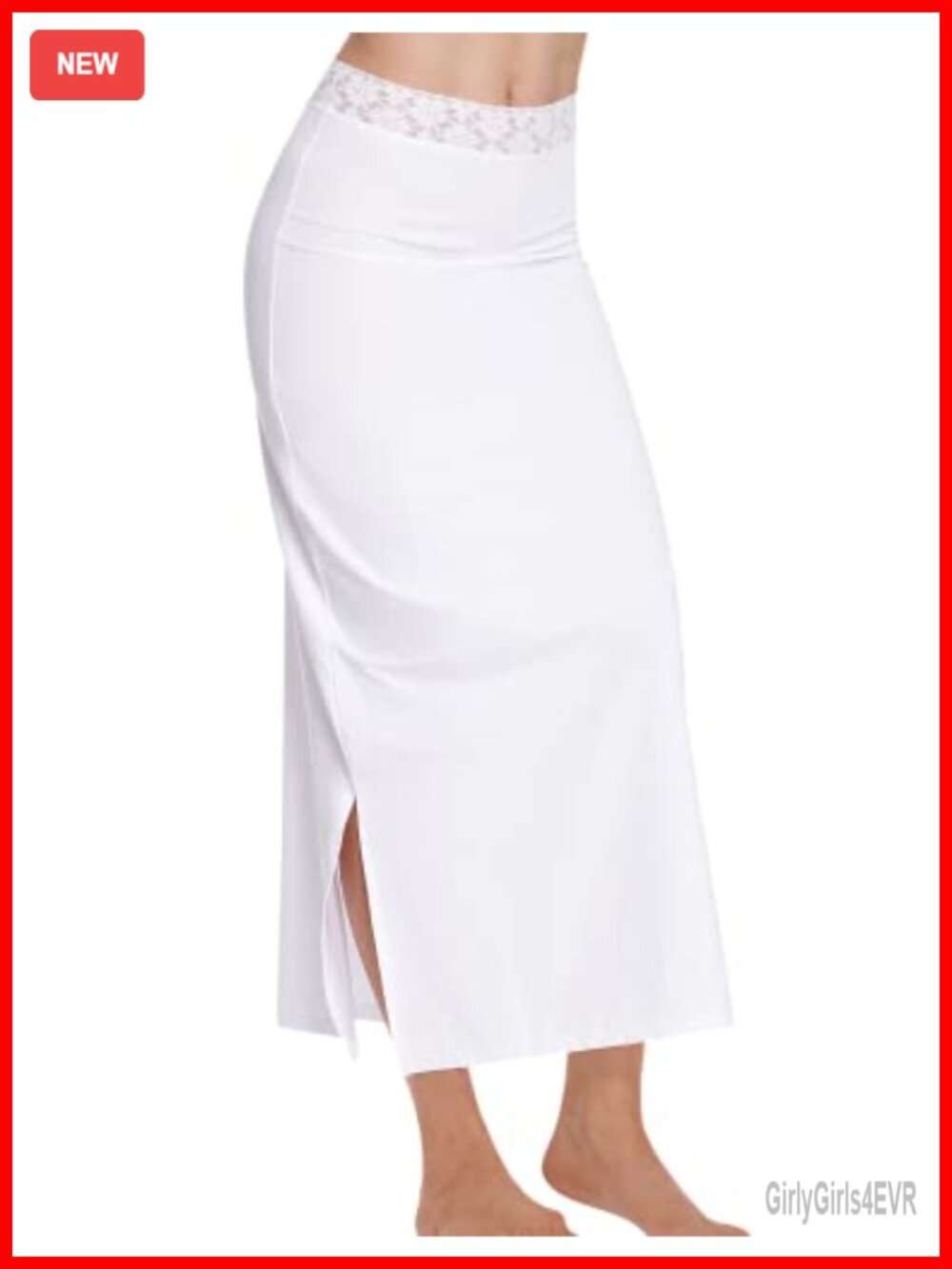 Long Half Slip Women Lace Waistband Side Slit A-Line Midi Underskirt